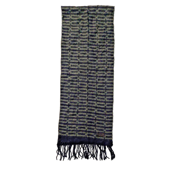 Gucci Black & Gray Embroidered Logo Geometric Weave Wool Scarf Pre-owned - Picture 7 of 16